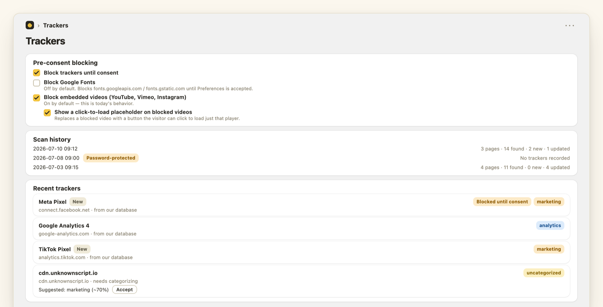 Heaps Good Trackers page listing scripts and pixels on a storefront, each tagged necessary, analytics or marketing, with pre-consent blocking toggles.